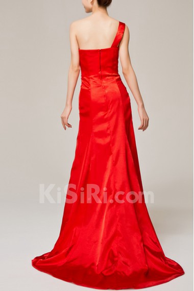 Satin One Shoulder A-line Dress with Embroidered