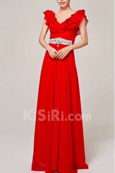 Chiffon V-neck Floor Length Empire Dress with Crystal