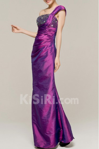 Satin One Shoulder Floor Length Sheath Dress with Sequins