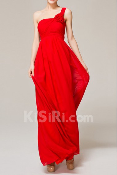 Chiffon One Shoulder Ankle-Length Empire Dress with Handmade Flowers