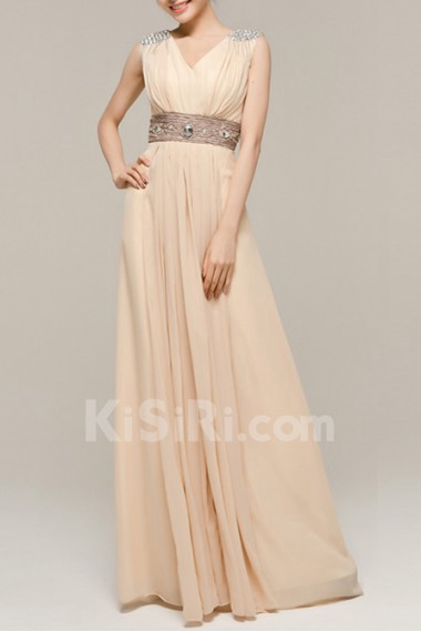 Chiffon V-neck Floor Length Empire Dress with Crystal