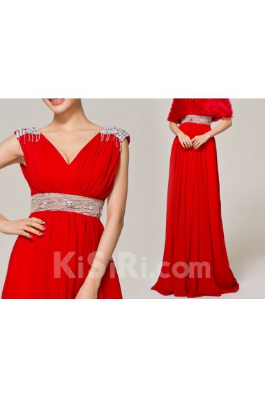 Chiffon V-neck Floor Length Empire Dress with Crystal