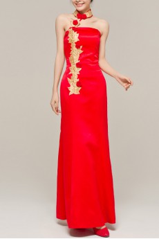 Satin Halter Floor Length Sheath Dress with Handmade Flowers