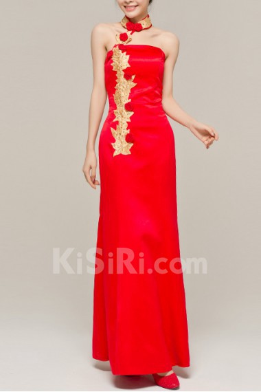 Satin Halter Floor Length Sheath Dress with Handmade Flowers