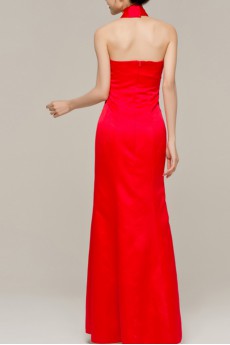 Satin Halter Floor Length Sheath Dress with Handmade Flowers