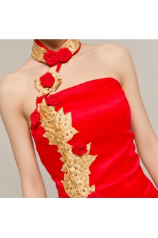 Satin Halter Floor Length Sheath Dress with Handmade Flowers