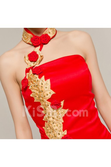 Satin Halter Floor Length Sheath Dress with Handmade Flowers