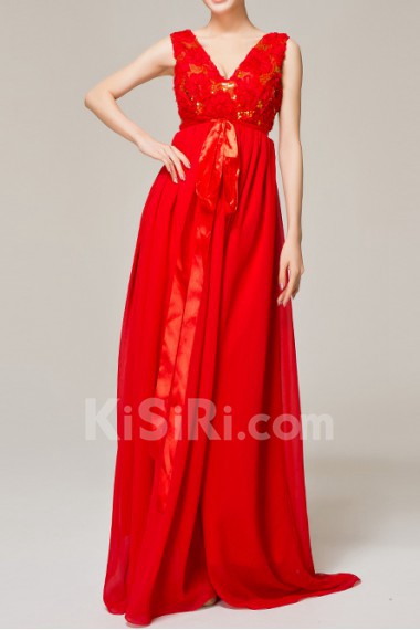 Chiffon V-neck Floor Length Empire Dress with Sequins