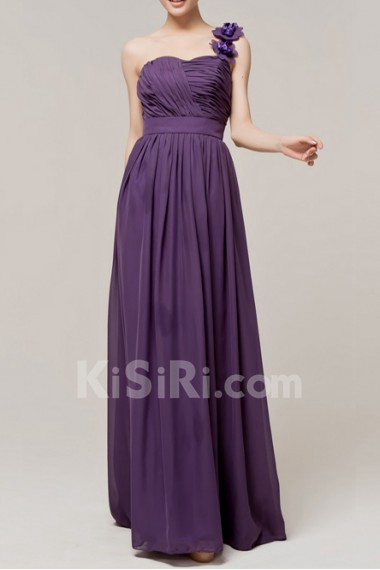 Chiffon One Shoulder Floor Length A-line Dress with Handmade Flowers