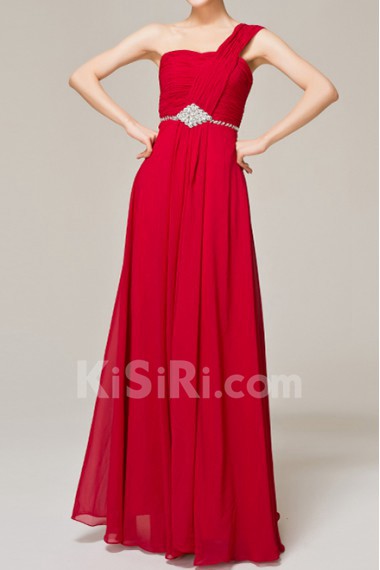 Chiffon One Shoulder Floor Length Empire Dress with Crystal