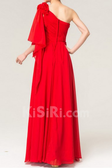 Chiffon One Shoulder Floor Length Empire Dress with Handmade Flowers