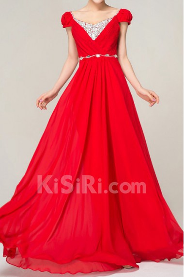 Chiffon V-neck Floor Length A-line Dress with Sequins