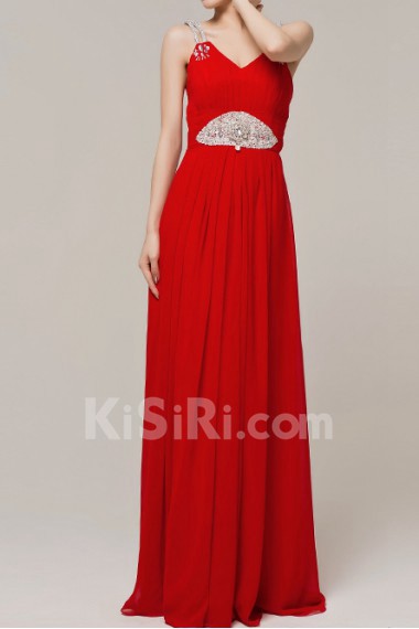 Chiffon V-neck Floor Length Column Dress with Crystal