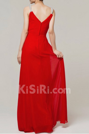 Chiffon V-neck Floor Length Column Dress with Crystal