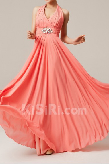 Chiffon Halter Floor Length Corset Dress with Crystal