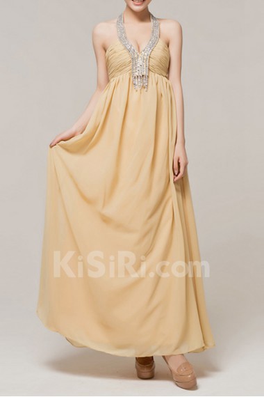 Chiffon Halter Floor Length Empire Dress with Crystal