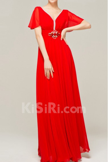 Chiffon V-neck Floor Length Empire Dress with Crystal