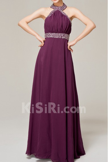 Chiffon Halter Floor Length Empire Dress with Crystal