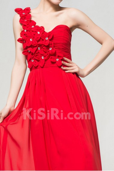 Chiffon One Shoulder Floor Length Empire Dress with Handmade Flowers