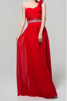 Chiffon One Shoulder Floor Length A-line Dress with Crystal