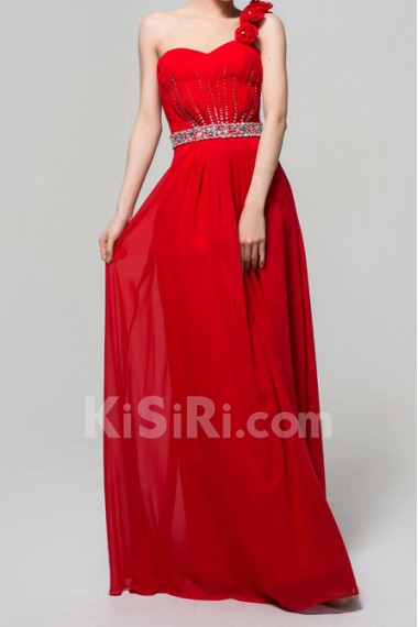 Chiffon One Shoulder Floor Length A-line Dress with Crystal