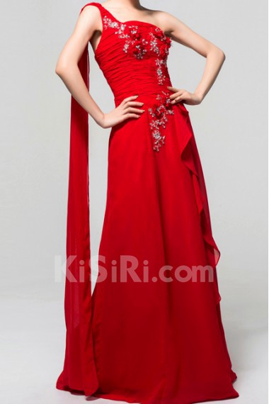 Chiffon One Shoulder Floor Length A-line Dress with Handmade Flowers