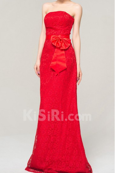 Lace Strapless Floor Length Sheath Dress with Handmade Flowers