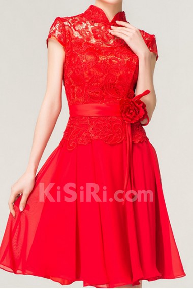 Chiffon High Collar Neckline Short Corset Dress with Handmade Flowers