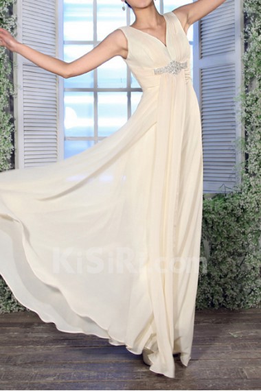 Chiffon V-neck Floor Length Empire Dress with Handmade Flowers