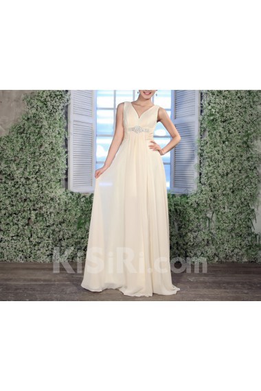 Chiffon V-neck Floor Length Empire Dress with Handmade Flowers