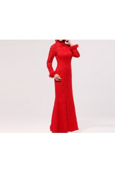 Lace High Collar Neckline Ankle-Length Mermaid Dress with Embroidered