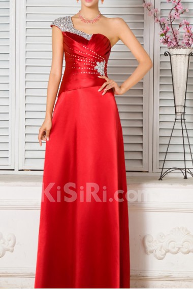 Satin One Shoulder Ankle-Length A-line Dress with Crystal