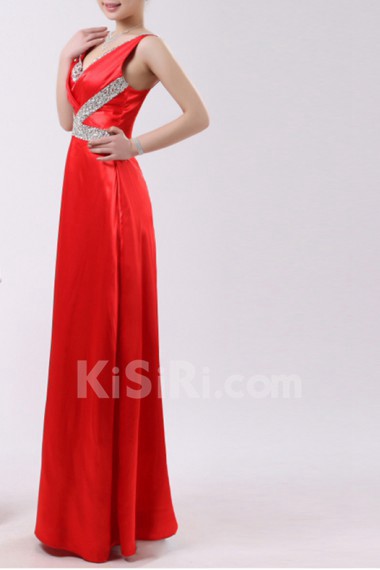 Satin V-neck Floor Length Empire Dress with Sequins