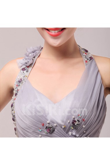 Satin and Chiffon Halter Floor Length A-line Dress with Sequins