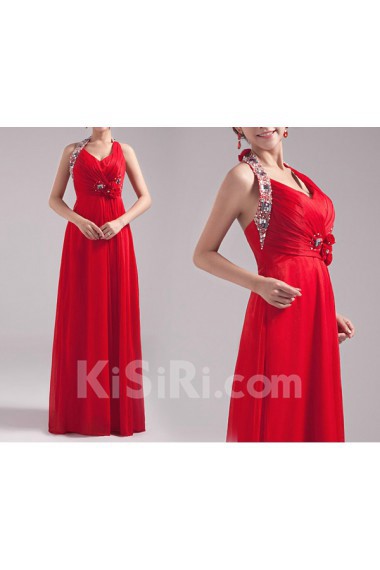 Satin and Chiffon Halter Floor Length A-line Dress with Sequins