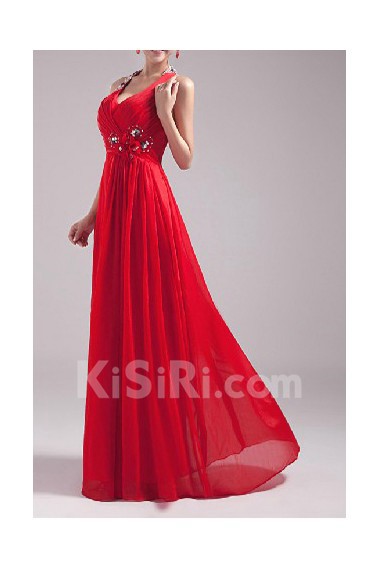 Satin and Chiffon Halter Floor Length A-line Dress with Sequins