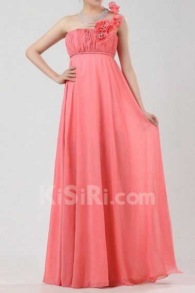 Chiffon One Shoulder Floor Length Empire Dress with Handmade Flowers