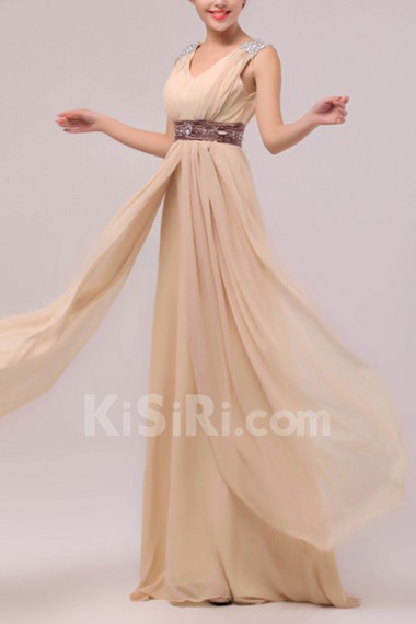 Chiffon V-neck Floor Length Empire Dress with Sequins