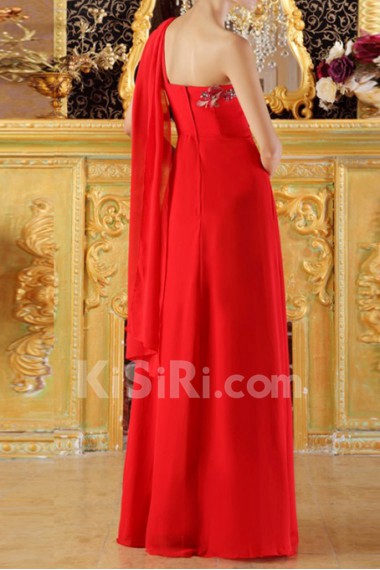 Chiffon One Shoulder Floor Length Empire Dress with Handmade Flowers