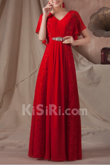 Chiffon and Lace V-neck Floor Length A-line Dress with Sequins