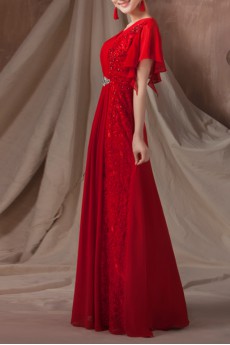 Chiffon and Lace V-neck Floor Length A-line Dress with Sequins