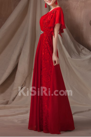 Chiffon and Lace V-neck Floor Length A-line Dress with Sequins