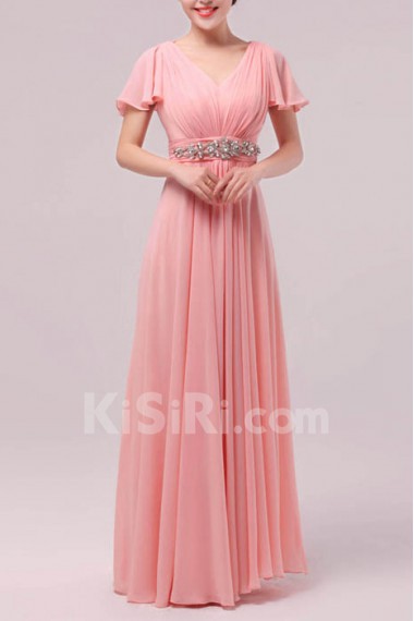 Chiffon V-neck Floor Length Empire Dress with Crystal