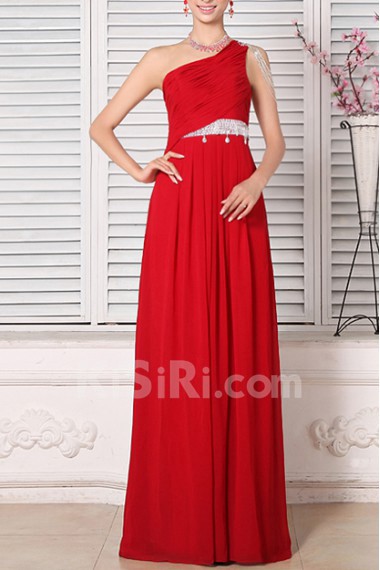 Chiffon One Shoulder Floor Length Empire Dress with Beading