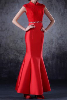 Satin High Collar Neckline Ankle-Length Mermaid Dress with Crystal