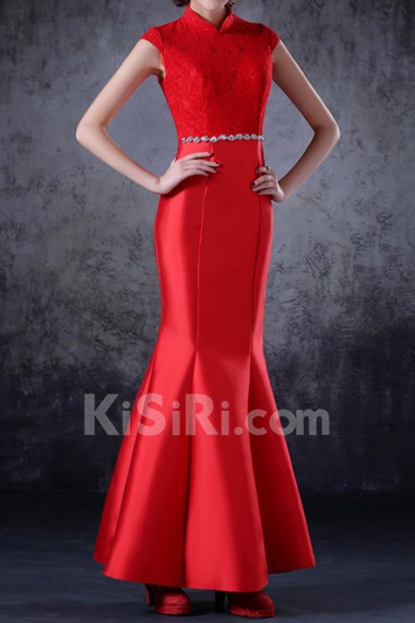 Satin High Collar Neckline Ankle-Length Mermaid Dress with Crystal