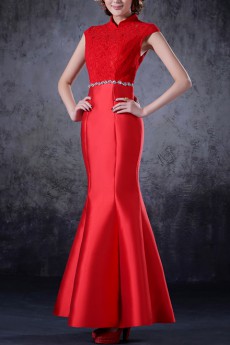 Satin High Collar Neckline Ankle-Length Mermaid Dress with Crystal