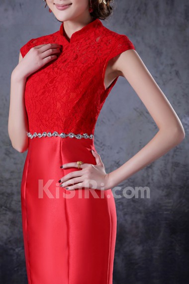 Satin High Collar Neckline Ankle-Length Mermaid Dress with Crystal