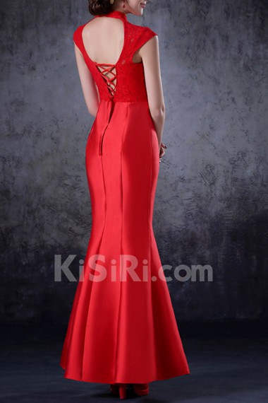 Satin High Collar Neckline Ankle-Length Mermaid Dress with Crystal