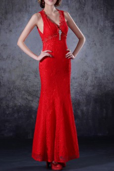 Lace V-neck Floor Length Mermaid Dress with Crystal